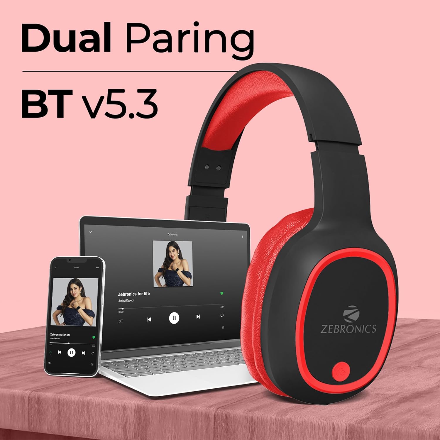 ZEBRONICS Thunder Bluetooth 5.3 Wireless Over Ear Headphones with 60H Backup, Gaming Mode, Dual Pairing, Enc, Aux, Micro Sd, Voice Assistant, Comfortable Earcups, Call Function (Red)