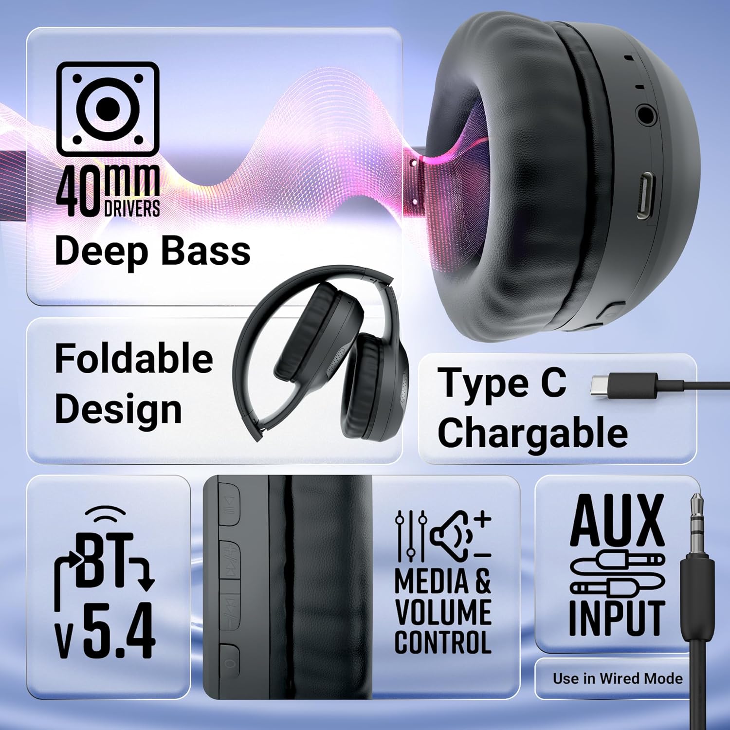 ZEBRONICS Thunder Max Bluetooth Over Ear Headphone with 120*Hrs Playback, 3 EQ Modes, 40mm Bass Driver, Fast Charging, ENC, Gaming Mode, Dual Pairing, BT v5.4, AUX, Metallic Finish (Black)