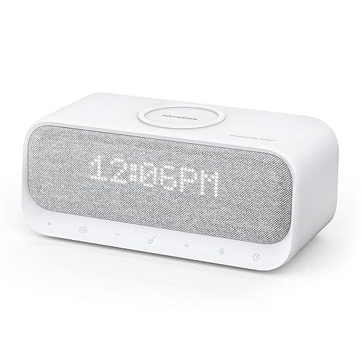 Soundcore Wakey Bluetooth Speakers Powered by Anker with Alarm Clock, Grey Colour, Stereo Sound, FM Radio, Qi Wireless Charger with 7.5W Charging for iPhone and 10W for Samsung